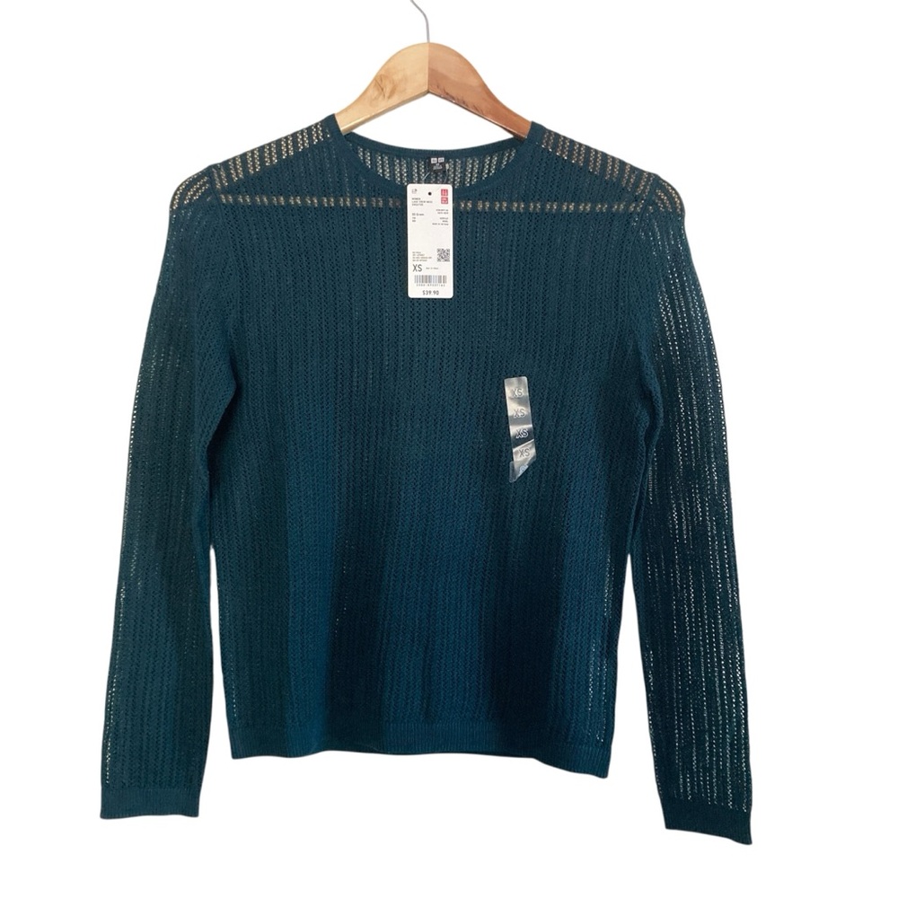 Uniqlo Lace Knit Crewneck Sweater XS Green Sheer Lightweight Layering NWT